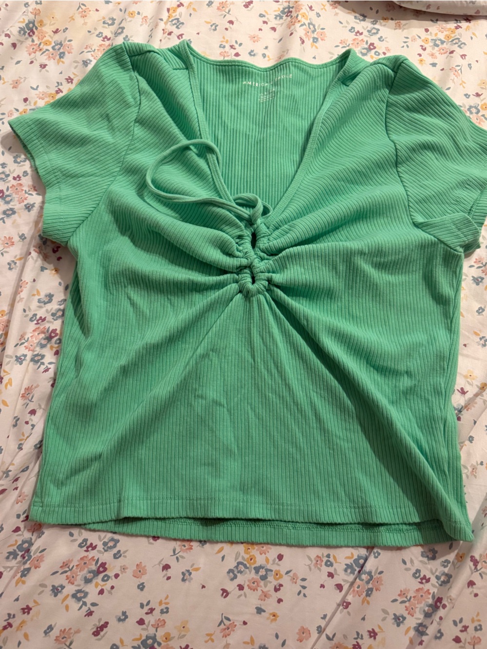 American Eagle Outfitters Green Ribbed V-Neck Tie-Front Top